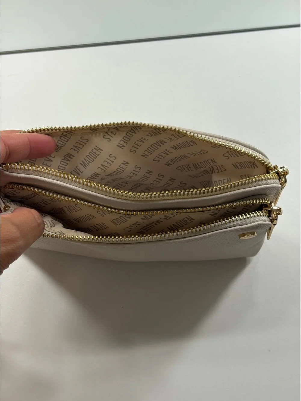 Steve Madden Beige Leather Wristlet Clutch with Dual Zipper Pockets